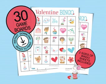 Valentine's Day bingo game; 30 printable game boards for parties, large groups; printable Valentine's Day bingo sheets; preschool activities