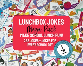 Lunchbox joke cards, 232 school lunch notes Funny jokes for kids Printable lunch box stickers Lunchbox notes Silly jokes Cute lunchbox idea