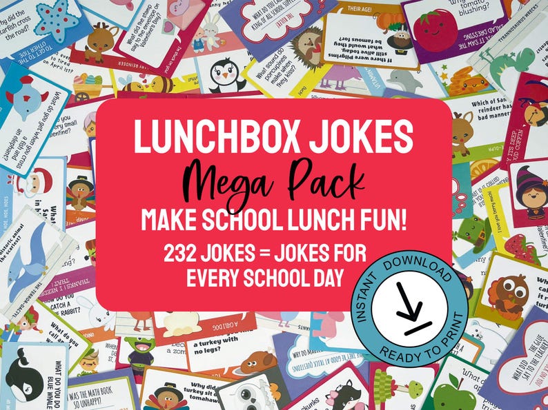 232 lunchbox jokes piled randomly on top of each other fill the image. A large rectangle covers the middle of the image and reads: Lunchbox Jokes Mega Pack, Make School Lunch Fun! 232 Jokes = Jokes for every school day Instant Download Ready to Print