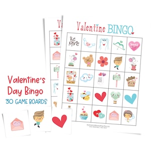 Two Valentine bingo cards are stacked on top of each other and surrounded by three calling cards -- an envelope with a heart inside, a cute little boy, and a red heart. Text: 30 game boards.