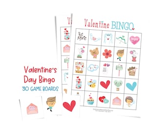 Valentine's Day bingo game; 30 printable game boards for parties, large groups; printable Valentine's Day bingo sheets; preschool activities