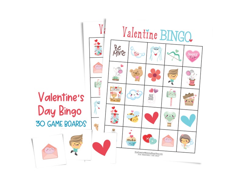 Two Valentine bingo cards are stacked on top of each other and surrounded by three calling cards -- an envelope with a heart inside, a cute little boy, and a red heart. Text: 30 game boards.