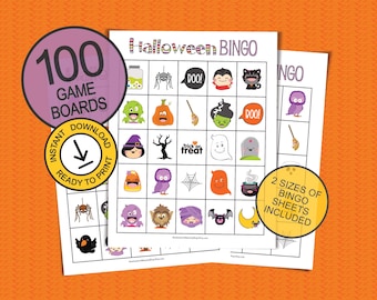 Quick & Easy Halloween Bingo 100 Printable Boards for All Ages! Fun party activity for families and large groups; Cute bingo sheets