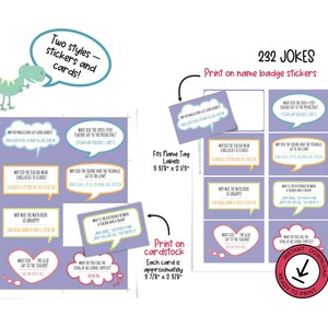 One page of back-to-school lunchbox jokes is shown in two formats. Cards: Print on cardstock. Each card is approximately 3 7/8 in x 2  3/8 in. Stickers: Print on sticker paper. Fits name tag labels 3 3/8 in x 2 1/3 in.
