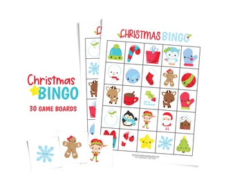 Christmas bingo game for parties and large groups; 30 printable game boards; cute gift idea for kids; holiday bingo sheets; Santa Claus card