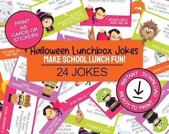 Halloween lunchbox jokes for kids; No candy Halloween treat; Printable lunchbox cards and stickers; Fun school lunch idea; Monster jokes