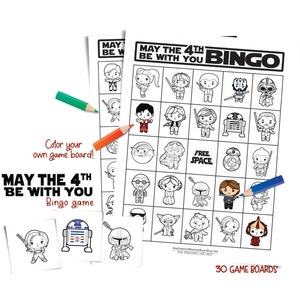 Color Your Own May the 4th Bingo Game; 30 printable bingo sheets; May the 4th party favor; easy gift idea for kids; cute coloring page