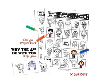 Color Your Own May the 4th Bingo Game; 30 printable bingo sheets; May the 4th party favor; easy gift idea for kids; cute coloring page
