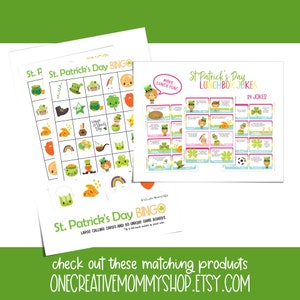 Matching St. Patricks Day bingo games and lunchbox jokes also available in OneCreativeMommyShop on Etsy