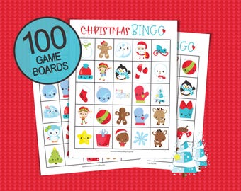 Huge Christmas Bingo game 100 Players; bingo sheets for parties and large groups; printable game boards; cute gift idea; holiday bingo game