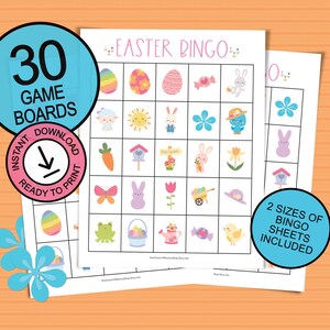 Juego de bingo de Pascua para niños; diversión de fiesta de Pascua para grupos grandes; 30 tableros de juego imprimibles; lindas hojas de bingo de primavera; ingeniosa idea de regalo de Pascua