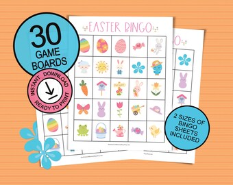 Easter bingo game for kids; Easter party fun for large groups; 30 printable game boards; cute spring bingo sheets; clever Easter gift idea