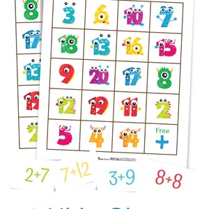 2 addition sums bingo cards and four fact cards. The numbers on the card are cartoon numbers with cute monster faces, hands, and horns. Text: Addition Bingo, large calling cards and 30 unique game boards