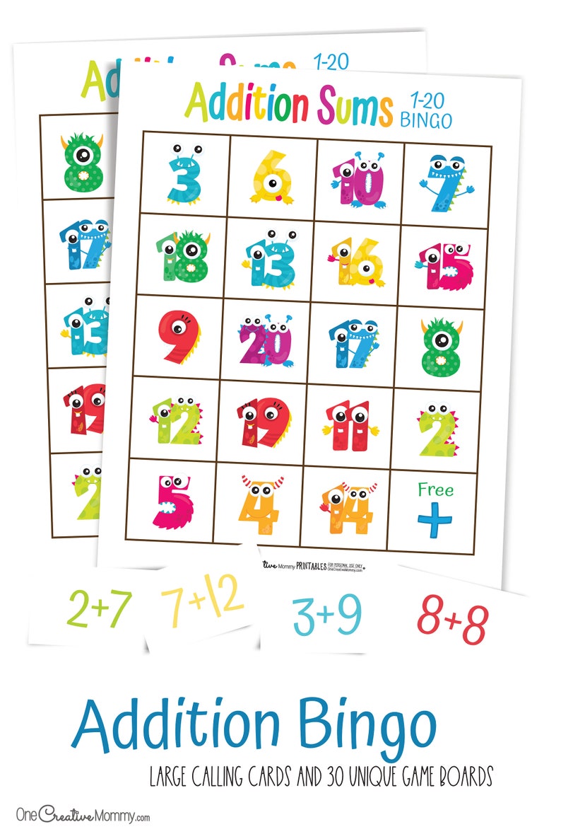 2 addition sums bingo cards and four fact cards. The numbers on the card are cartoon numbers with cute monster faces, hands, and horns. Text: Addition Bingo, large calling cards and 30 unique game boards