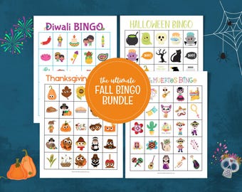 Fall Bingo Game Bundle: Diwali Bingo, Halloween Bingo, Day of the Dead Bingo, Halloween Bingo / 4 Fall Holiday Games / Class Party Activity