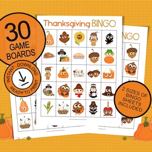 May include: A printable Thanksgiving Bingo game with 30 game boards. The game features images of turkeys, pumpkins, pilgrims, and other Thanksgiving-themed items. The text "Thanksgiving Bingo" and "Give Thanks" are visible on the game boards.