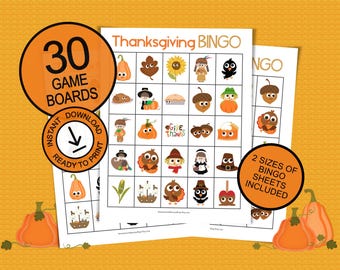 Thanksgiving bingo cards for family gatherings & large groups; 30 printable boards; fun activity for kids; Thanksgiving table party game