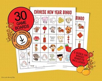 Chinese New Year Bingo card game for parties and family gatherings; 30 printable game boards celebrating Chinese culture; Cute New Year gift