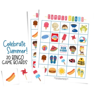 Cartões de bingo de verão para festas e grandes grupos; divertido destruidor de tédio; jogo fácil de reunião familiar; 30 tabuleiros de jogo para impressão; linda ideia de presente