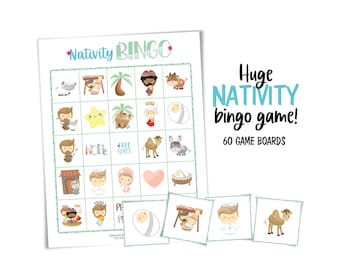 Christmas Nativity bingo game for 60+ players; printable game boards for large groups; Christian Sunday School game for kids; Cute gift idea