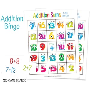 2 addition sums bingo cards and three fact cards. The numbers on the card are cartoon numbers with cute monster faces, hands, and horns. Text: Addition Bingo 30 Game Boards