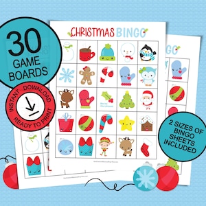 Jogo de bingo de Natal para festas e grupos grandes; 30 tabuleiros de jogo para imprimir; ideia de presente fofo para crianças; folhas de bingo de Natal; cartão de Papai Noel