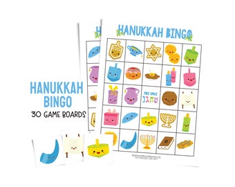 Hanukkah bingo game for parties / large groups; 30 printable game boards; Jewish game for kids; Chanukah gift idea; Festival of Lights bingo