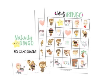 Nativity Bingo game for parties and large groups; 30 printable game boards; Sunday School; Christian game for kids; Cute Christmas gift idea