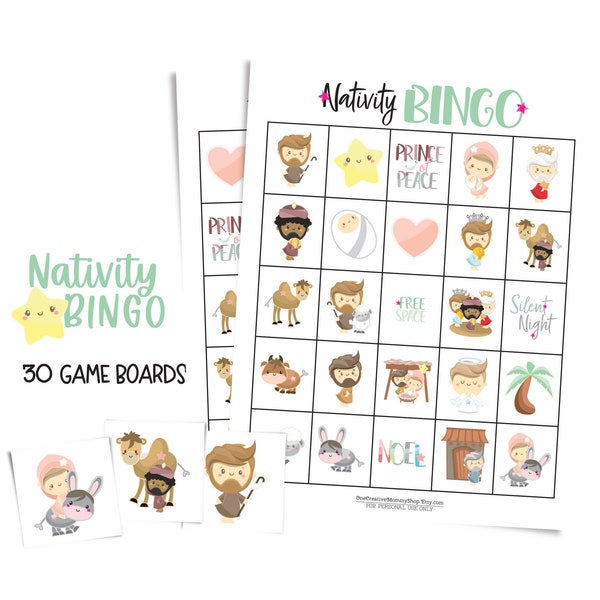 Juego de Bingo de Natividad para fiestas y grupos grandes; 30 tableros de juego imprimibles; Escuela dominical; Juego cristiano para niños; Linda idea de regalo de Navidad