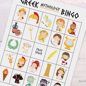 Zoomed in view of a Greek mythology bingo card lying on a white wooden table. Images include Zeus, Aphrodite, Ares, Poseidon, Hades, Ares, Hephaestus, Athena, Cerberus, Demeter, Hermes, Hera, Dionysus, Artemis, Pegasus, Apollo, and more.