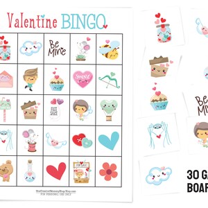 Valentines Day bingo card and several calling cards including a jar of hearts, cupid, a cute spider holding a heart, a cupcake, and more. Text: 30 game boards.