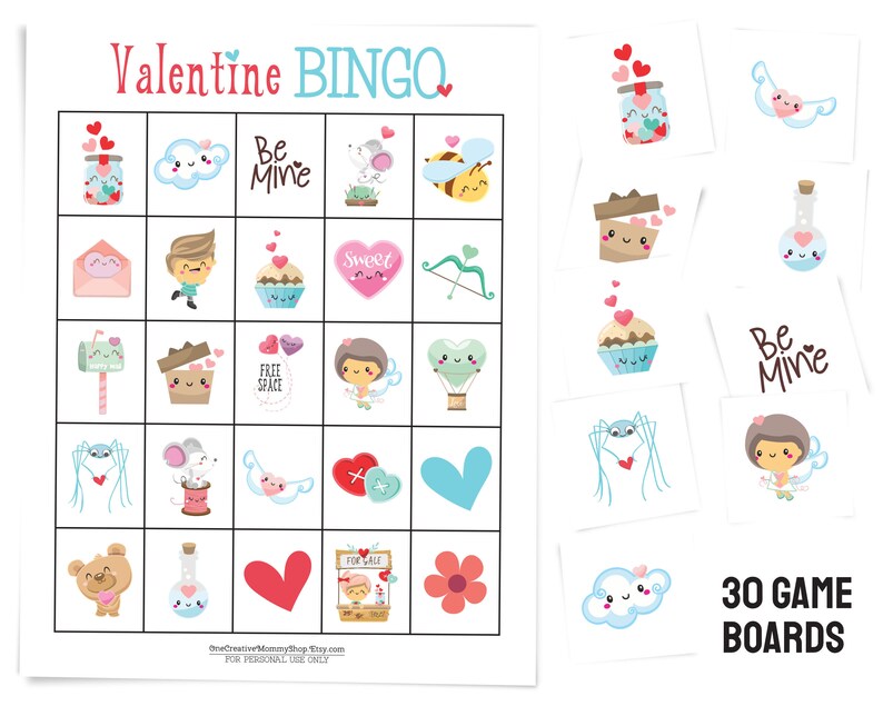 Valentines Day bingo card and several calling cards including a jar of hearts, cupid, a cute spider holding a heart, a cupcake, and more. Text: 30 game boards.