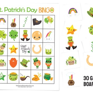 St. Patricks Day bingo card and several calling cards including a rainbow, a top hat, a star, a leprechaun, a pot of gold, and a lucky horseshoe. Text: 30 game boards.