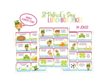 St. Patrick's Day lunchbox jokes for kids; cute leprechaun jokes; lunchbox cards and stickers; fun school lunch idea; St. Patricks Day gift