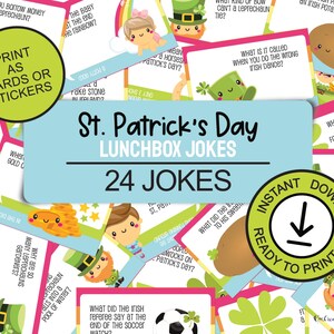 Des blagues sur la boîte à lunch de la Saint-Patrick pour les enfants ; blagues mignonnes sur les lutins ; cartes et autocollants pour boîtes à lunch; une idée amusante pour le déjeuner à l'école ; Cadeau pour la Saint-Patrick