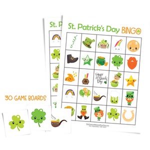 Two St. Patricks Day bingo cards stacked on top of each other and surrounded by three calling cards -- a four-leaf clover, a shamrock, and a pipe. Text: 30 game boards.