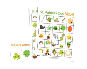 St. Patrick's Day Bingo game for kids; 30 printable game boards; leprechaun activity; easy shamrock party game; cute lucky four-leaf clover