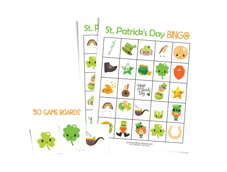 Two St. Patricks Day bingo cards stacked on top of each other and surrounded by three calling cards -- a four-leaf clover, a shamrock, and a pipe. Text: 30 game boards.
