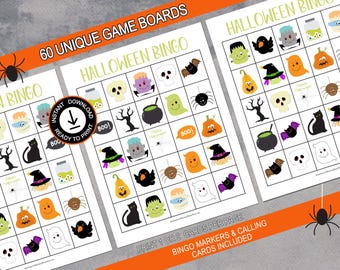 Halloween bingo spooky card game for parties and large groups, 60 unique printable game boards for kids & adults, Halloween party game idea