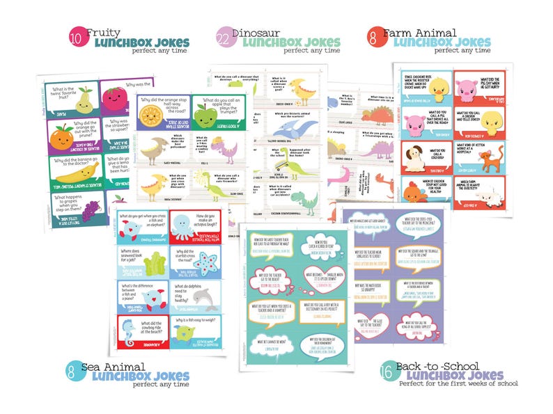 8 pages from the lunchbox joke printable are displayed: with cute titles that read: 10 fruit lunchbox jokes, 22 dinosaur lunchbox jokes, 8 farm animal lunchbox jokes, 8 sea animal lunchbox jokes, and 16 back-to-school lunchbox jokes
