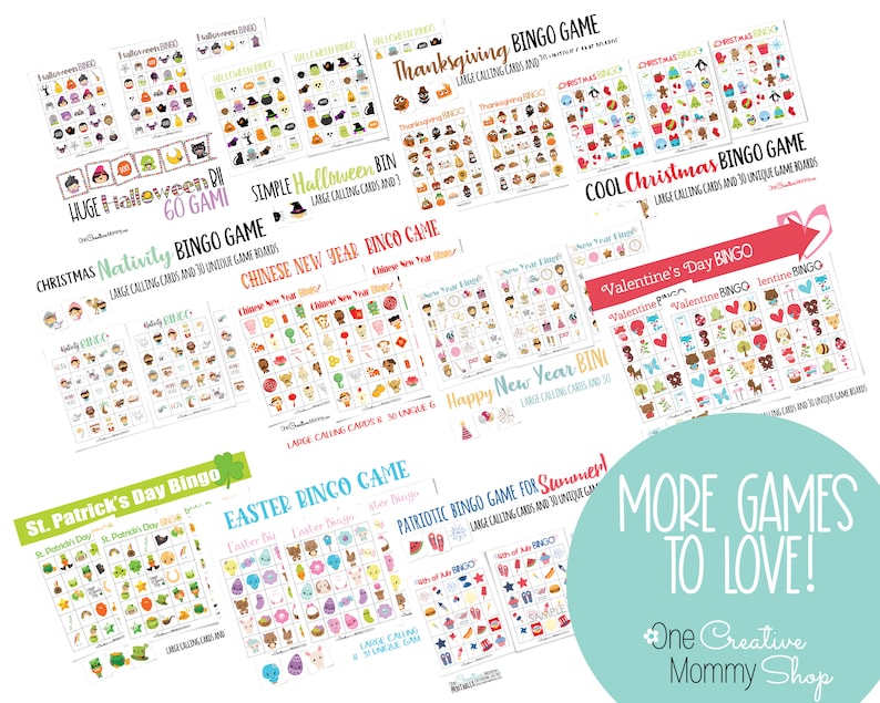 Tiny images of more bingo games available from OneCreativeMommyShop