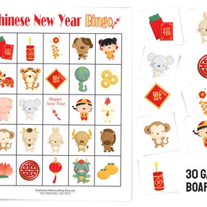 Chinese New Year bingo card and several calling cards including a money envelope, a firecracker, a monkey, a rabbit, a boy in traditional Chinese clothing, and more. Text: 30 game boards.