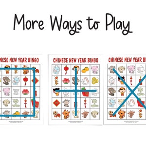 Image of three Chinese New Year bingo game boards. One is covered by a rectangle, the other with a cross, and the third with an x. These represent other ways to play the game. You win by creating the box, cross, or x.