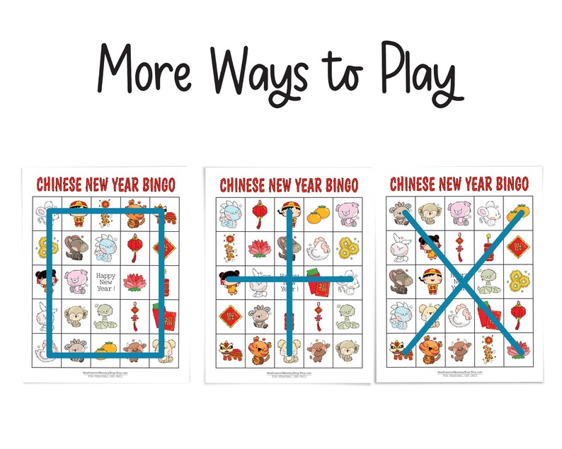 Image of three Chinese New Year bingo game boards. One is covered by a rectangle, the other with a cross, and the third with an x. These represent other ways to play the game. You win by creating the box, cross, or x.