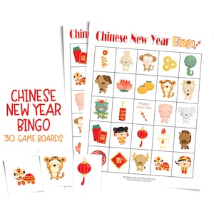 Two lunar new year bingo cards are stacked on top of each other and surrounded by three calling cards -- a dancing lion, a Chinese lantern, and a tiger. Text: 30 game boards.