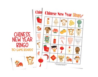 Lunar New Year bingo card game; 30 printable game boards celebrating Chinese New Year; perfect for parties and large groups; cute gift idea