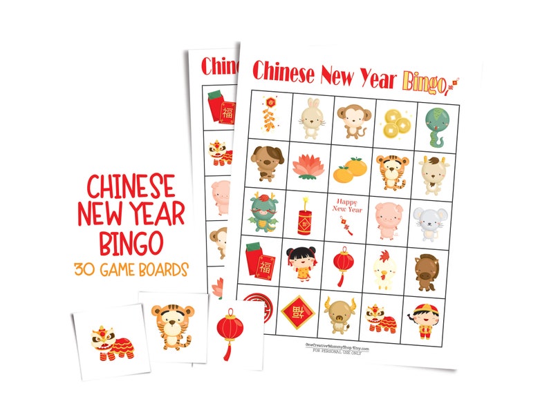 Two lunar new year bingo cards are stacked on top of each other and surrounded by three calling cards -- a dancing lion, a Chinese lantern, and a tiger. Text: 30 game boards.