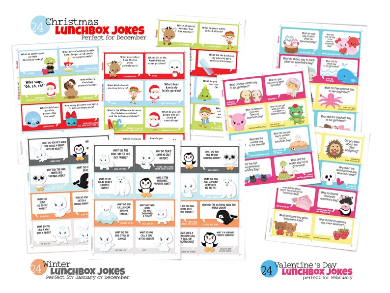 3 pages of Christmas lunchbox jokes, 3 pages of winter lunchbox jokes, and 3 pages of Valentine lunchbox jokes from the lunchbox joke printable are displayed. Cute titles show that there are 24 jokes included for each holiday.