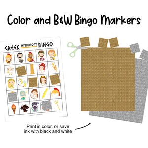 One Greek mythology bingo sheet is shown with several spots covered by square-shaped bingo markers. Next to the gameboard are two sheets of bingo markers (one in color, and one in black and white) and a pair of scissors. The bingo markers are decorated with an ancient Greek design.