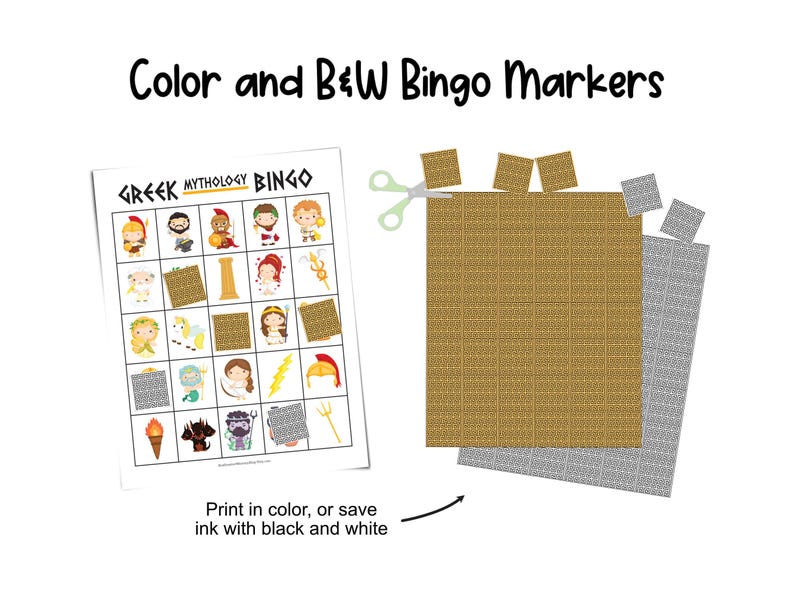 One Greek mythology bingo sheet is shown with several spots covered by square-shaped bingo markers. Next to the gameboard are two sheets of bingo markers (one in color, and one in black and white) and a pair of scissors. The bingo markers are decorated with an ancient Greek design.